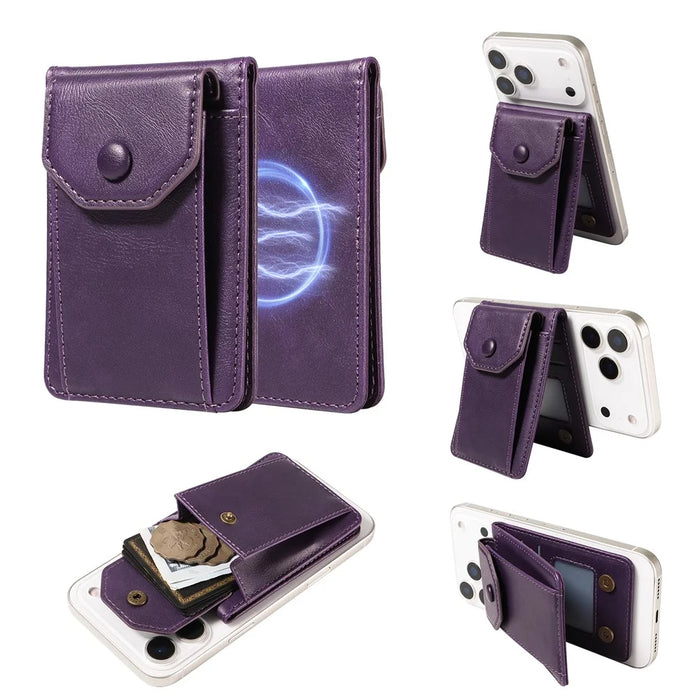 Magnetic Wallet Card Holder RFID Blocking Foldable Kickstand 4 Card Slots Cash Pocket - Purple - 1