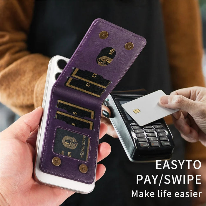 Magnetic Wallet Card Holder RFID Blocking Foldable Kickstand 4 Card Slots Cash Pocket - Purple - 4