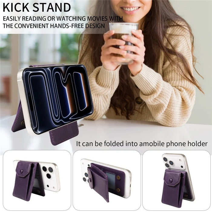 Magnetic Wallet Card Holder RFID Blocking Foldable Kickstand 4 Card Slots Cash Pocket - Purple - 6