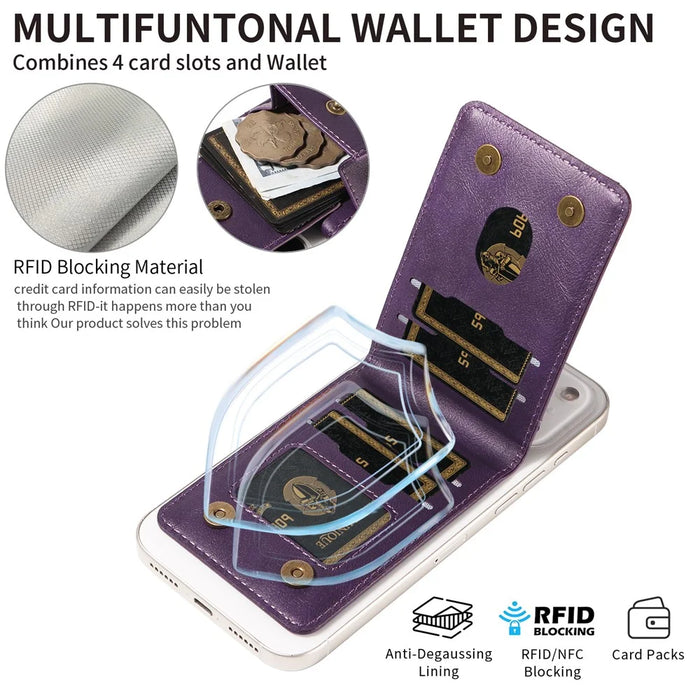 Magnetic Wallet Card Holder RFID Blocking Foldable Kickstand 4 Card Slots Cash Pocket - Purple - 7