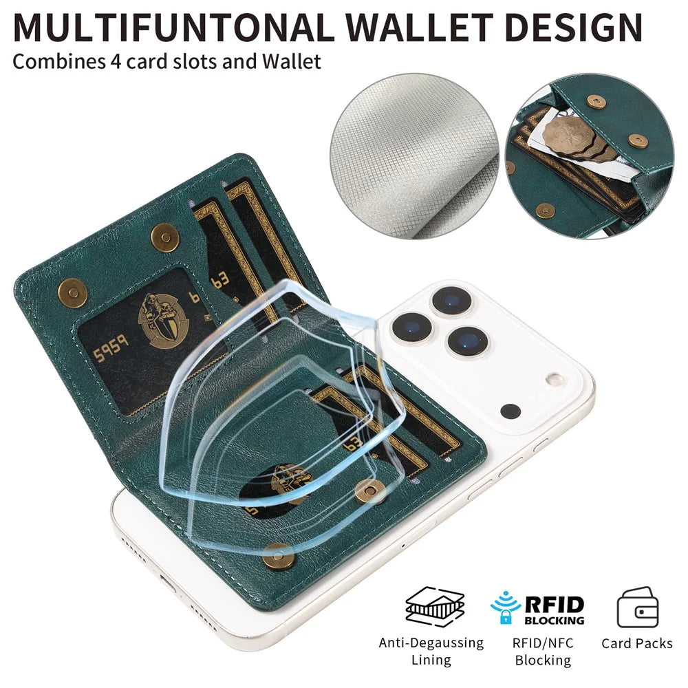 Magnetic Detachable Phone Card Holder 4 Card Slots Anti Theft RFID Blocking Wallet Phone Stand Function - Green - 7