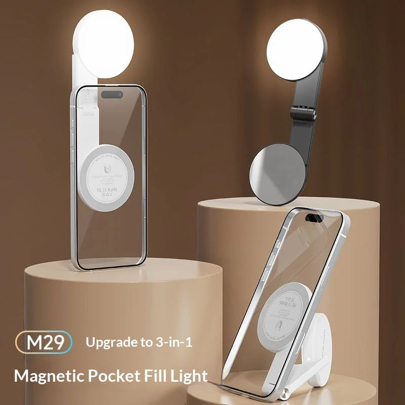 M29 For Smartphone Magnetic LED Ring Light with Foldable Makeup Mirror Portable Selfie Fill Light - White - 4
