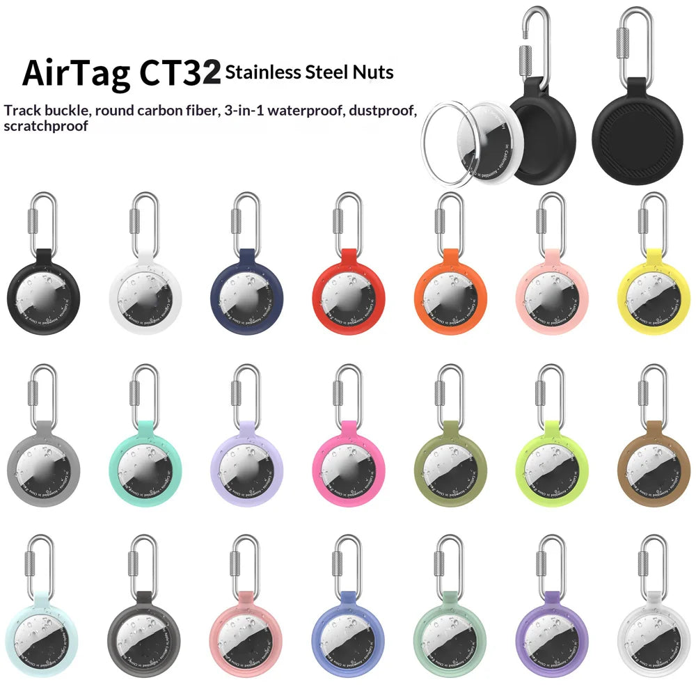 CT32 For Apple AirTag Waterproof TPU Case Carbon Fiber Texture Protective Cover with Stainless Steel Buckle - Black - 4