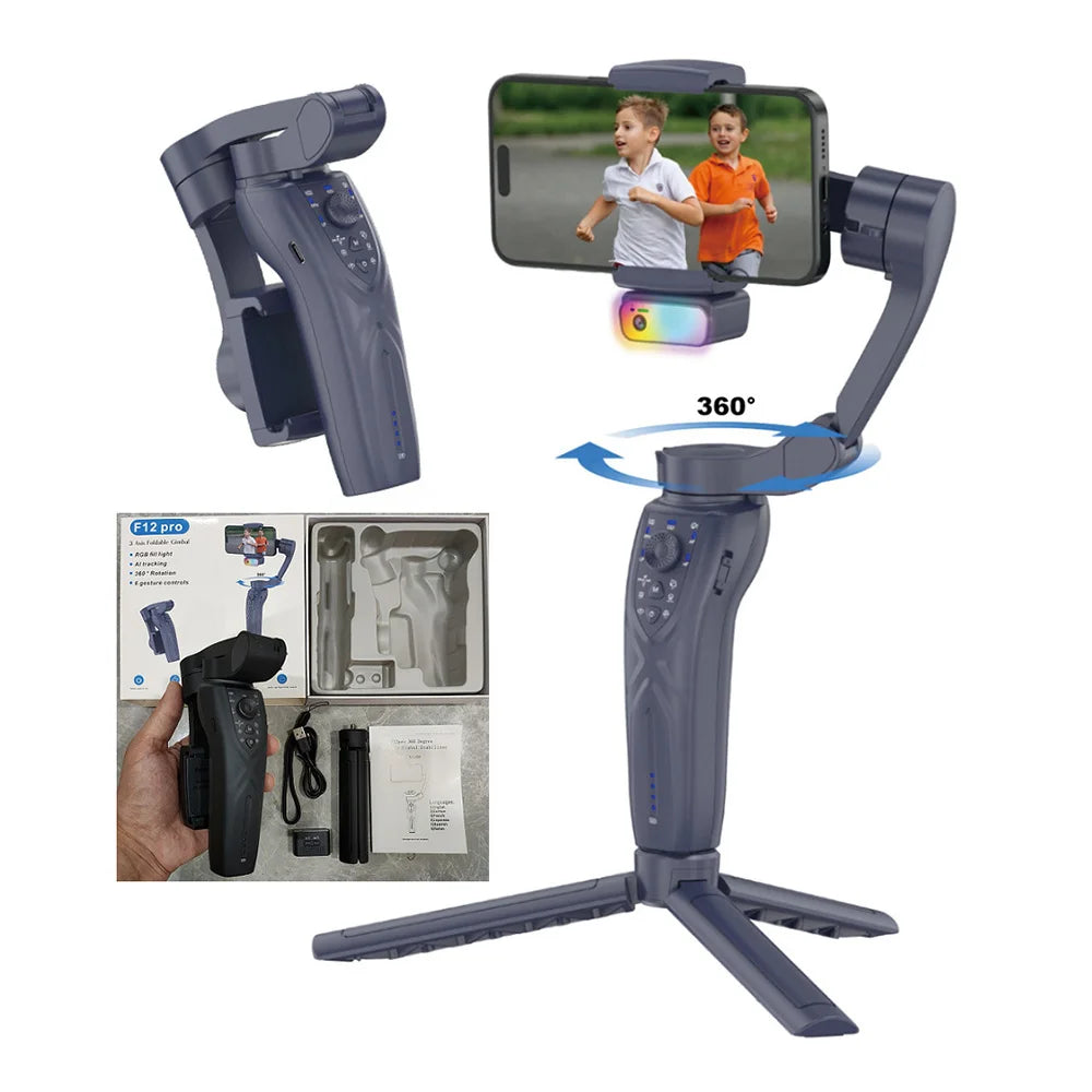 F12 Pro 360 Degree Rotation 3-Axis Gimbal Stabilizer for Smartphone AI Face Tracking Foldable Handheld Gimbal with RGB Fill Light - Black - 1