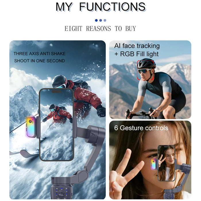 F12 Pro 360 Degree Rotation 3-Axis Gimbal Stabilizer for Smartphone AI Face Tracking Foldable Handheld Gimbal with RGB Fill Light - Black - 4