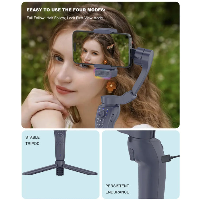 F12 Pro 360 Degree Rotation 3-Axis Gimbal Stabilizer for Smartphone AI Face Tracking Foldable Handheld Gimbal with RGB Fill Light - Black - 5