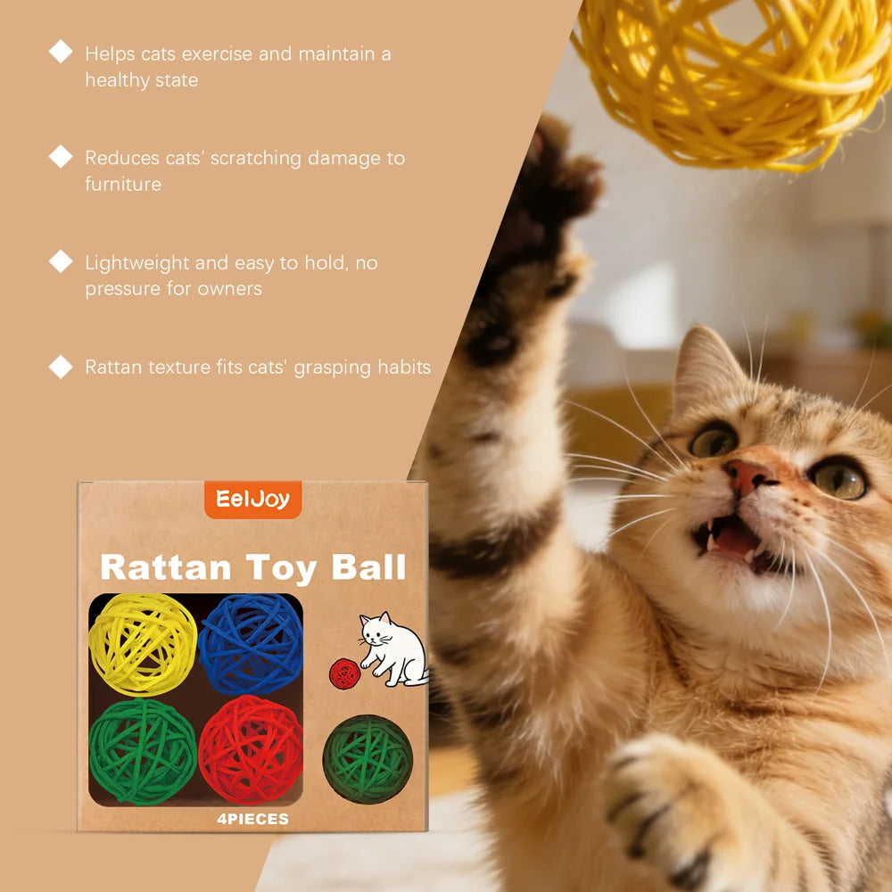 EELJOY 4Pcs Rattan Cat Toy Balls Scratch Resistant Interactive Stress Relief Toy for Kitten - 4-Piece Set - 3