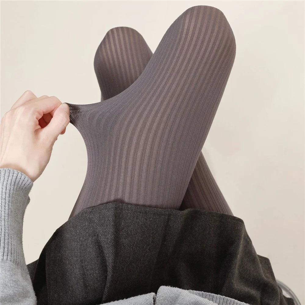 Women Ribbed Tights Autumn Winter Warm Vertical Stripe Leggings Stockings, Size L, 91cm - Dark Grey - 1