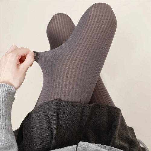 Women Ribbed Tights Autumn Winter Warm Vertical Stripe Leggings Stockings, Size L, 91cm - Dark Grey - 1