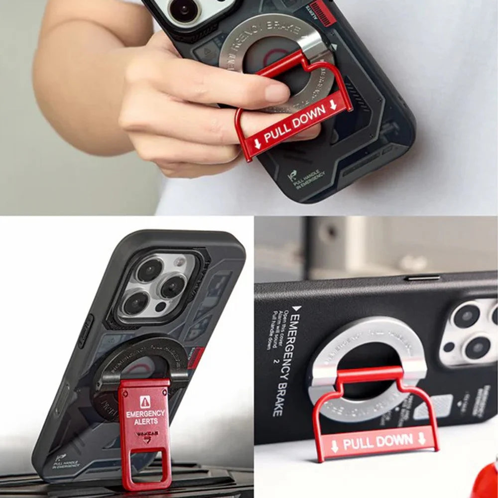 WAKCAS Emergency Red Handle Aluminum Alloy Kickstand Rotating Magnetic Phone Grip Stand - Black - 3