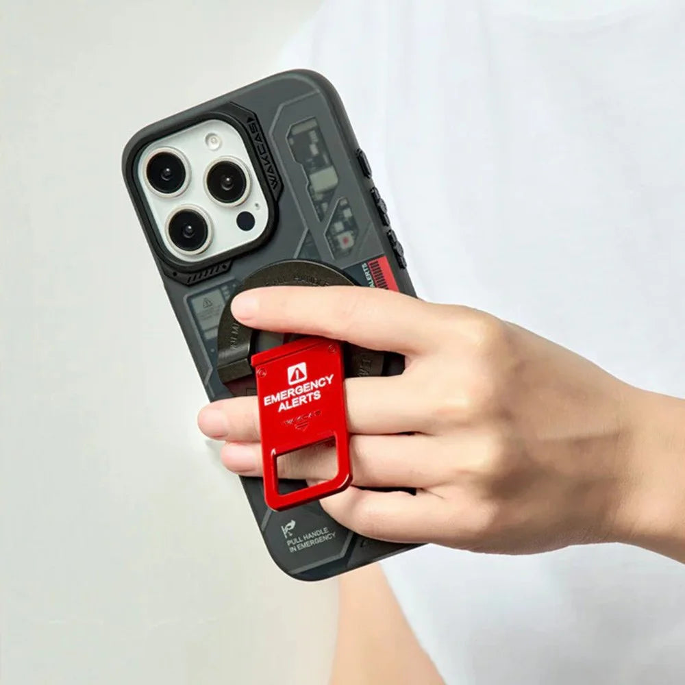 WAKCAS Emergency Red Handle Aluminum Alloy Kickstand Rotating Magnetic Phone Grip Stand - Black - 4