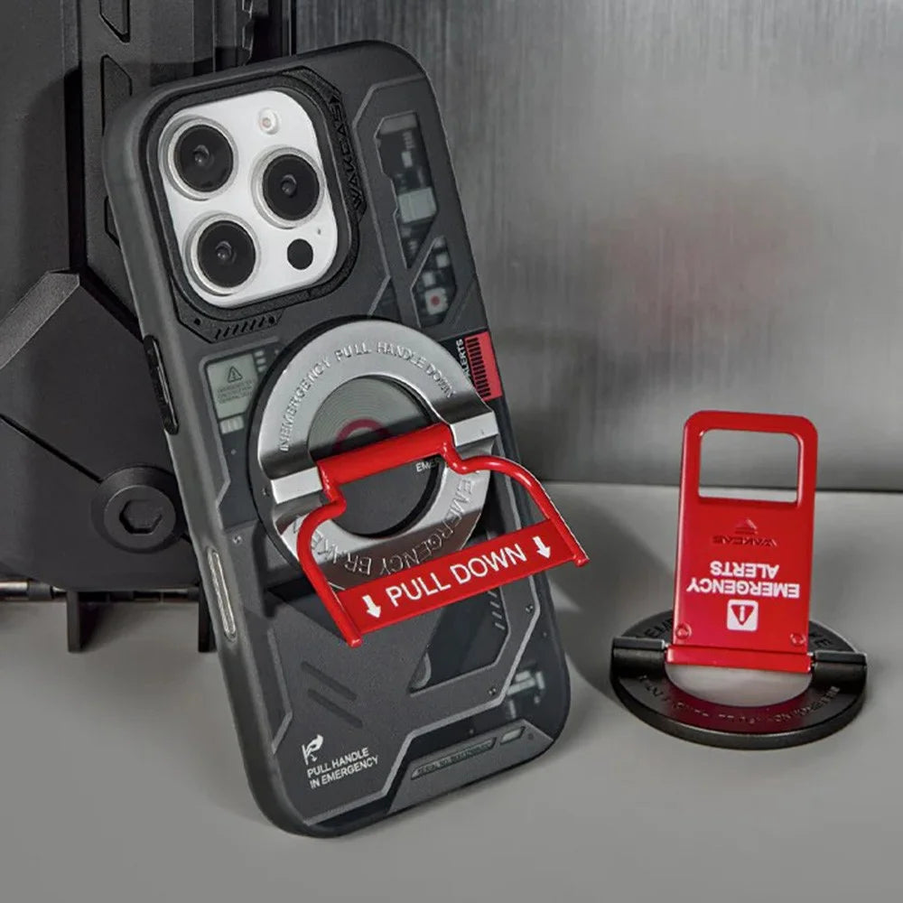 WAKCAS Emergency Red Handle Aluminum Alloy Kickstand Rotating Magnetic Phone Grip Stand - Black - 7