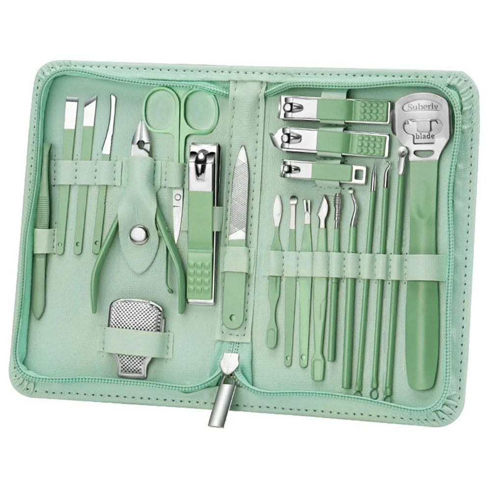 22Pcs Multi-Function Manicure Pedicure Kit Stainless Steel Nail Clipper Cuticle Pusher with Leather Case - Green - 1