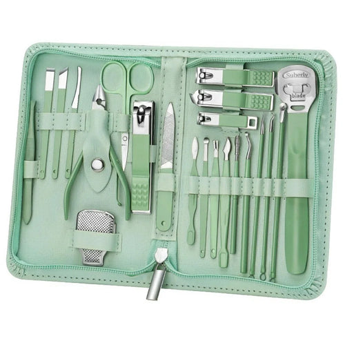 22Pcs Multi-Function Manicure Pedicure Kit Stainless Steel Nail Clipper Cuticle Pusher with Leather Case - Green - 1