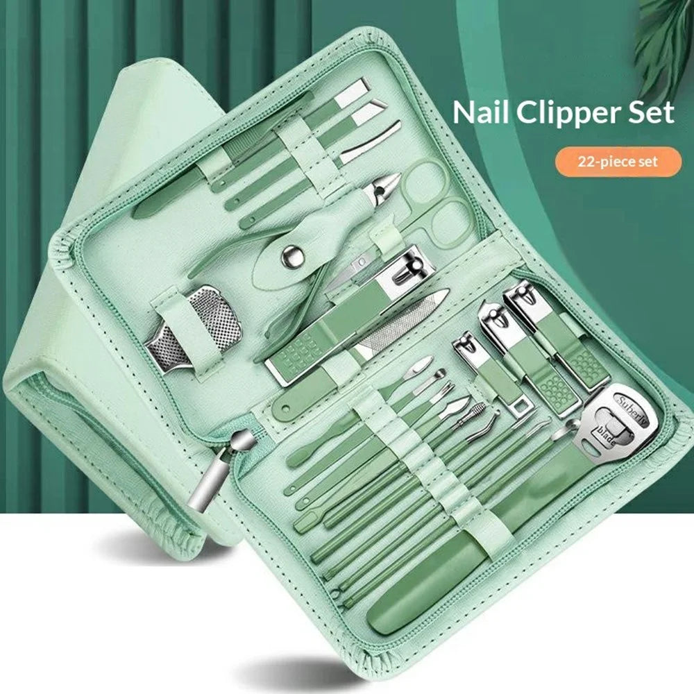 22Pcs Multi-Function Manicure Pedicure Kit Stainless Steel Nail Clipper Cuticle Pusher with Leather Case - Green - 2