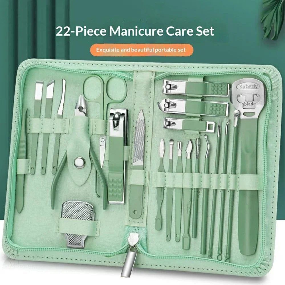 22Pcs Multi-Function Manicure Pedicure Kit Stainless Steel Nail Clipper Cuticle Pusher with Leather Case - Green - 3