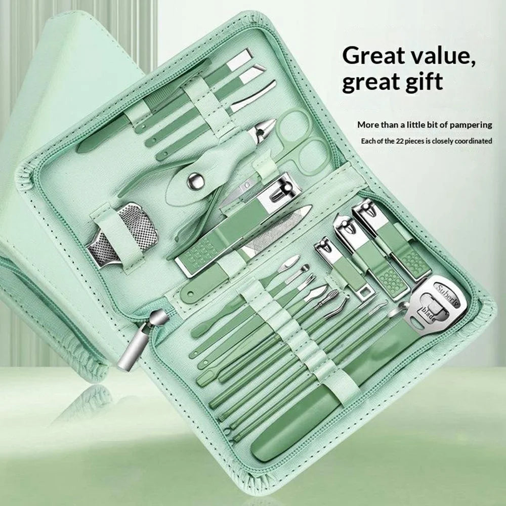 22Pcs Multi-Function Manicure Pedicure Kit Stainless Steel Nail Clipper Cuticle Pusher with Leather Case - Green - 4