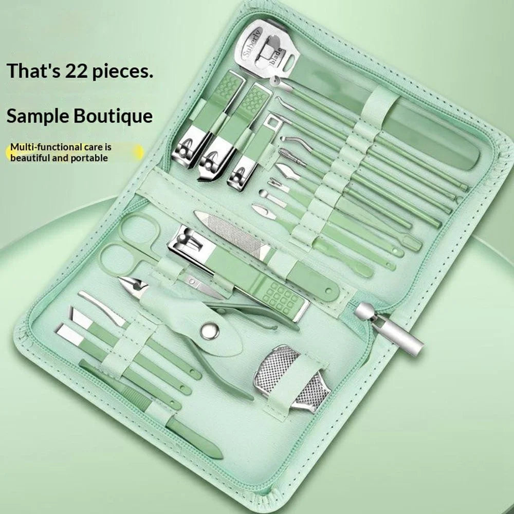 22Pcs Multi-Function Manicure Pedicure Kit Stainless Steel Nail Clipper Cuticle Pusher with Leather Case - Green - 5