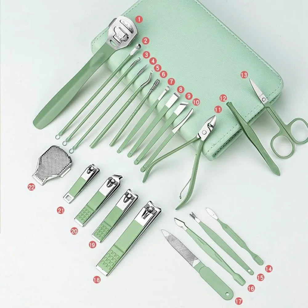 22Pcs Multi-Function Manicure Pedicure Kit Stainless Steel Nail Clipper Cuticle Pusher with Leather Case - Green - 7