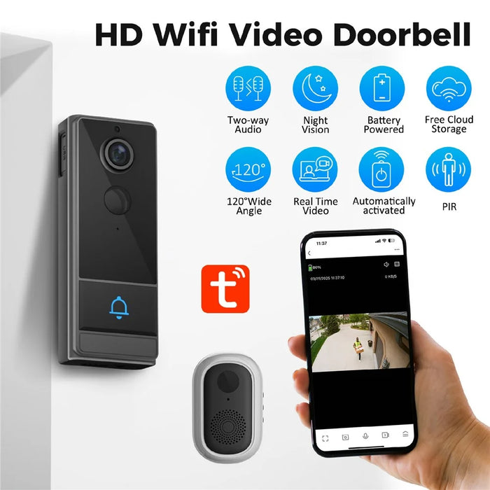 M18 Wireless Video Doorbell Camera Two Way Audio IP65 Waterproof Remote Monitor (with Memory Storage) - Black - 2