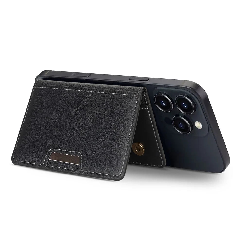 Magnetic Card Holder Wallet Compatible with MagSafe Foldable Stand PU Leather Card Case - Black - 3