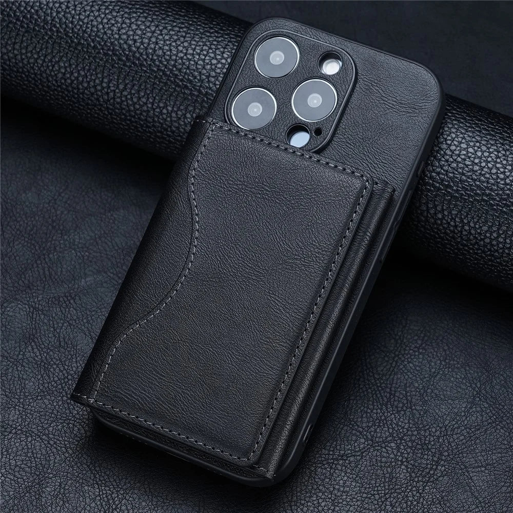 Magnetic Card Case Tri-fold Wallet with Stand PU Leather Phone Holder Compatible with MagSafe - Black - 1