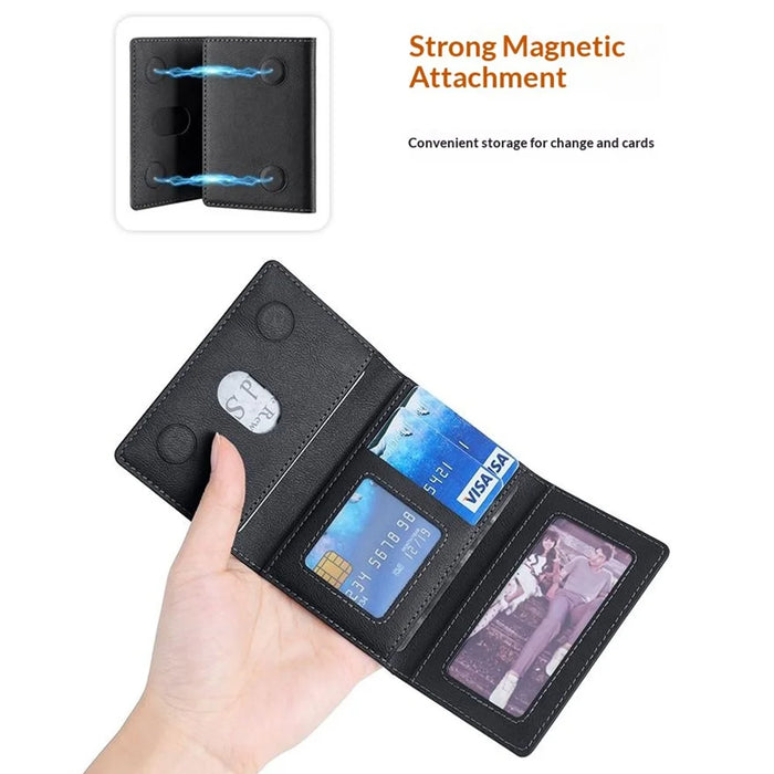 Magnetic Card Case Tri-fold Wallet with Stand PU Leather Phone Holder Compatible with MagSafe - Black - 4