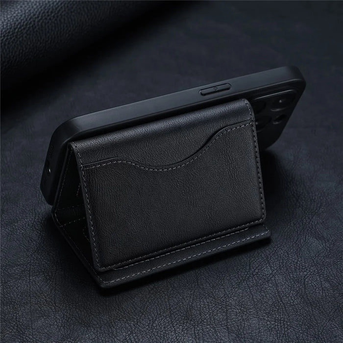 Magnetic Card Case Tri-fold Wallet with Stand PU Leather Phone Holder Compatible with MagSafe - Black - 7