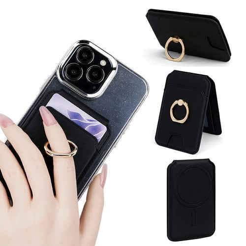 R20 Ring Holder Kickstand Magnetic Card Holder PU Leather Phone Card Slots Wallet - Black - 1