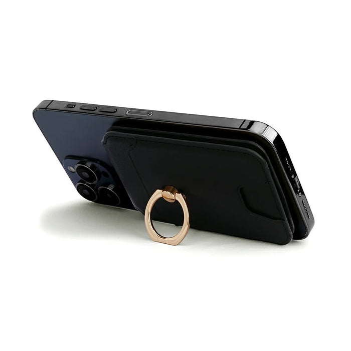R20 Ring Holder Kickstand Magnetic Card Holder PU Leather Phone Card Slots Wallet - Black - 3