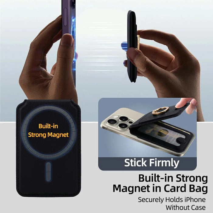R20 Ring Holder Kickstand Magnetic Card Holder PU Leather Phone Card Slots Wallet - Black - 6