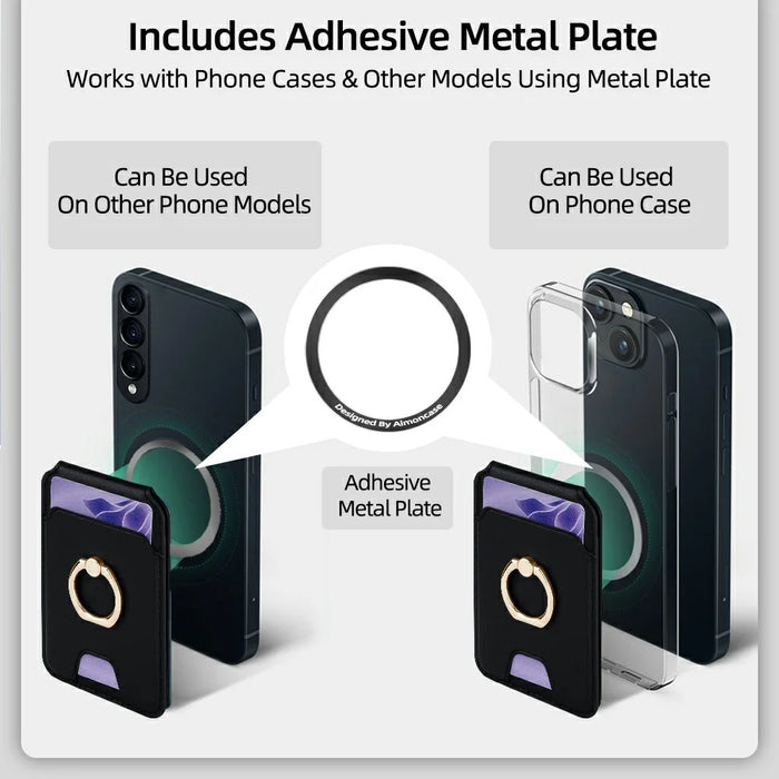 R20 Ring Holder Kickstand Magnetic Card Holder PU Leather Phone Card Slots Wallet - Black - 7