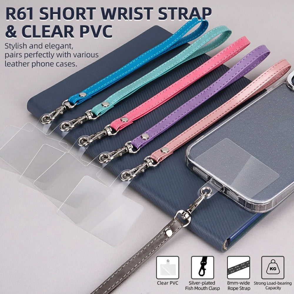 R61 18cm PU Leather Phone Wrist Strap Short Lanyard with Clear PVC Tether Tab - Blue - 2