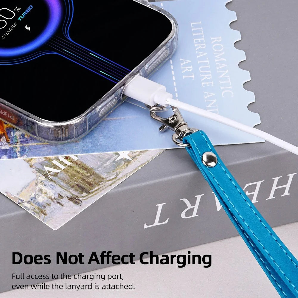 R61 18cm PU Leather Phone Wrist Strap Short Lanyard with Clear PVC Tether Tab - Blue - 6