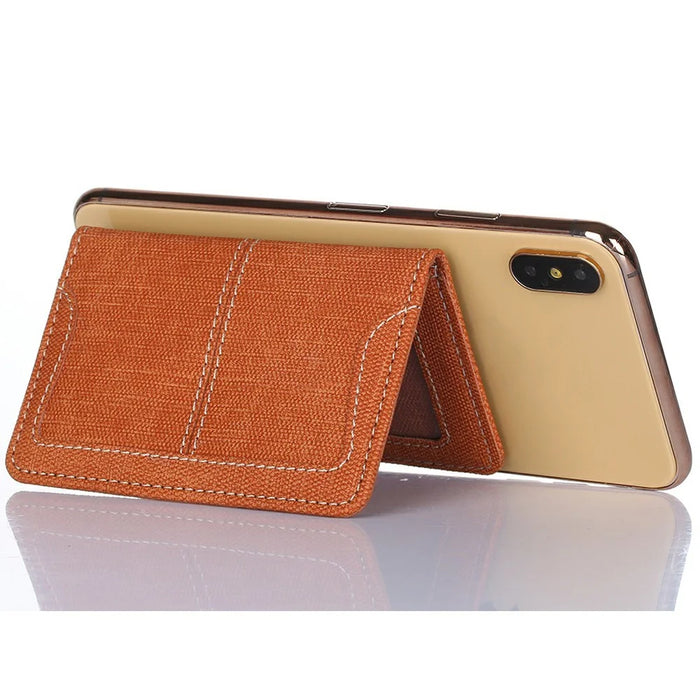 Canvas Card Holder Wallet Pouch Strong Adhesive Phone Kickstand - Brown - 4
