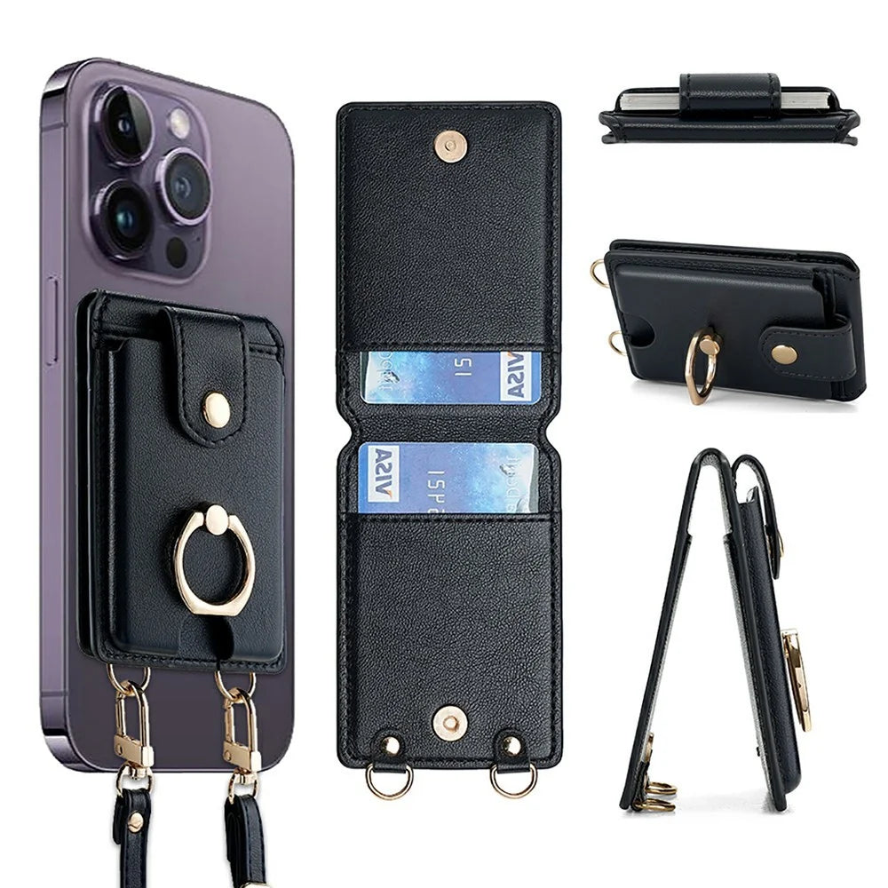 PU Leather Card Wallet with Crossbody Strap Set Phone Grip Holder Card Case with 70-140cm Long and Short Lanyard - Black - 1