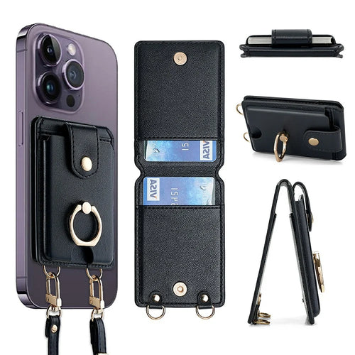 PU Leather Card Wallet with Crossbody Strap Set Phone Grip Holder Card Case with 70-140cm Long and Short Lanyard - Black - 1