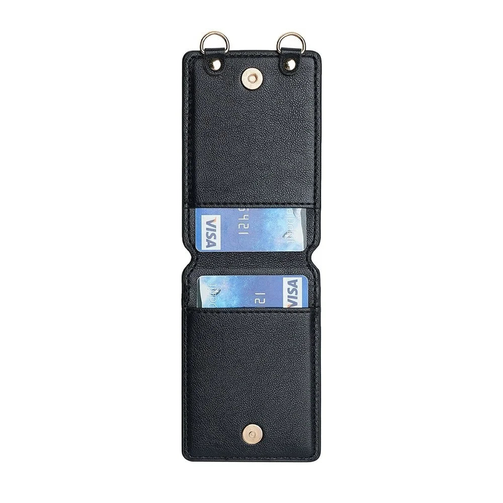 PU Leather Card Wallet with Crossbody Strap Set Phone Grip Holder Card Case with 70-140cm Long and Short Lanyard - Black - 2