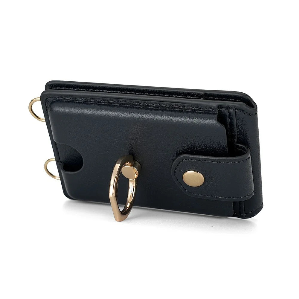 PU Leather Card Wallet with Crossbody Strap Set Phone Grip Holder Card Case with 70-140cm Long and Short Lanyard - Black - 3