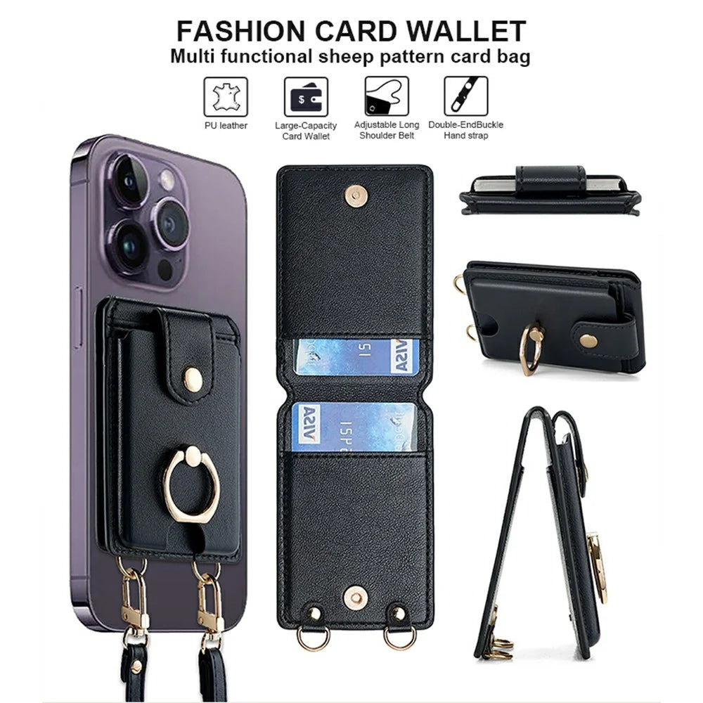 PU Leather Card Wallet with Crossbody Strap Set Phone Grip Holder Card Case with 70-140cm Long and Short Lanyard - Black - 4