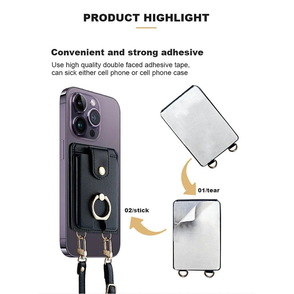 PU Leather Card Wallet with Crossbody Strap Set Phone Grip Holder Card Case with 70-140cm Long and Short Lanyard - Black - 5