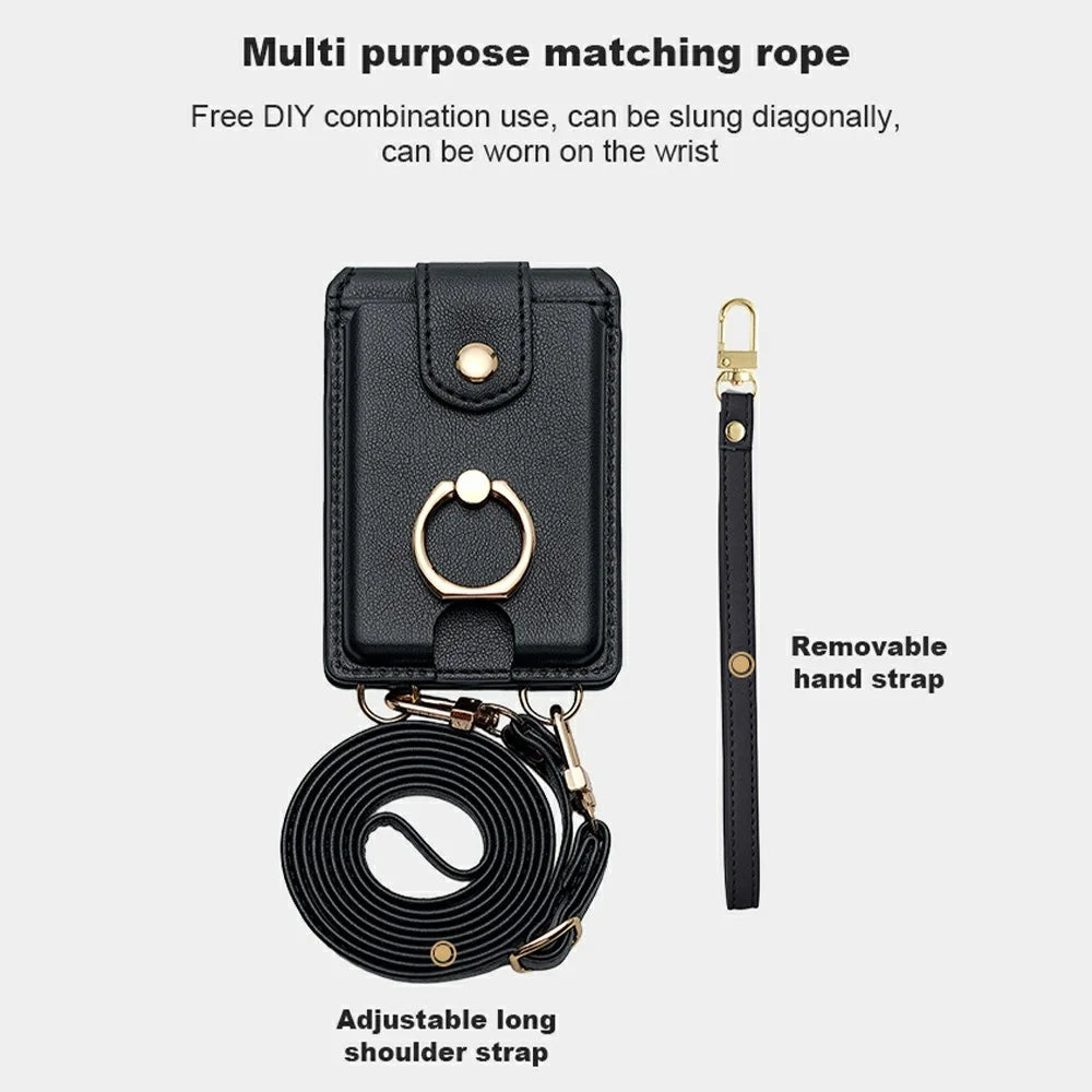 PU Leather Card Wallet with Crossbody Strap Set Phone Grip Holder Card Case with 70-140cm Long and Short Lanyard - Black - 6