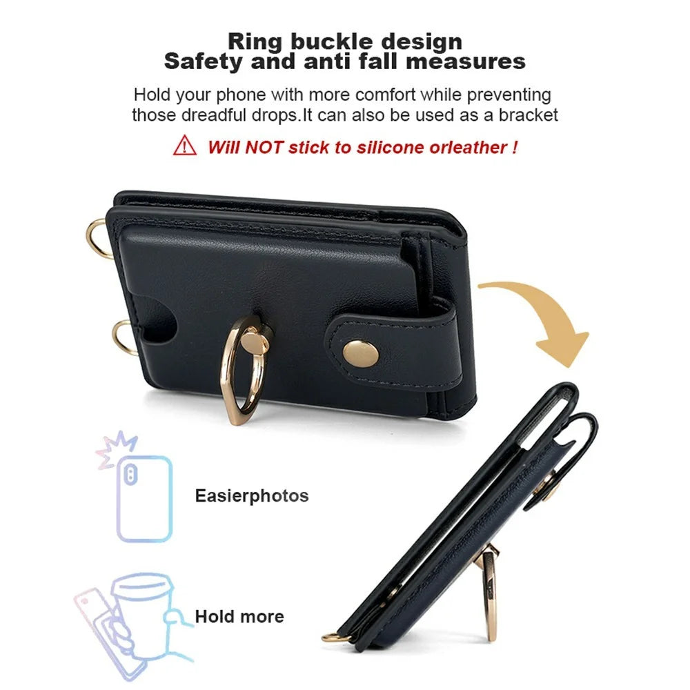 PU Leather Card Wallet with Crossbody Strap Set Phone Grip Holder Card Case with 70-140cm Long and Short Lanyard - Black - 7