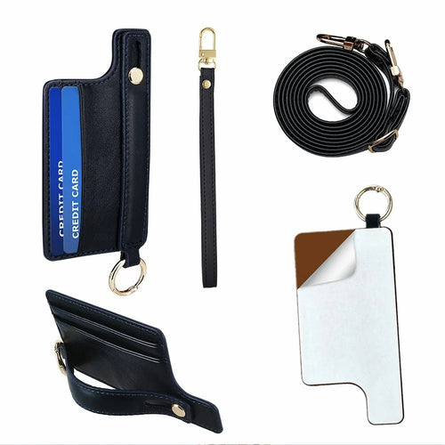 Phone Card Holder Wallet with 18cm Wrist Strap 70-140cm Crossbody Lanyard Adhesive Card Slot Kickstand - Black - 1