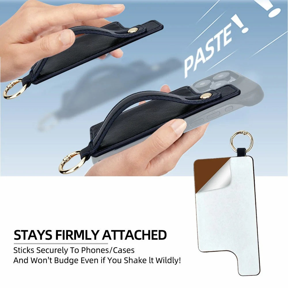 Phone Card Holder Wallet with 18cm Wrist Strap 70-140cm Crossbody Lanyard Adhesive Card Slot Kickstand - Black - 2
