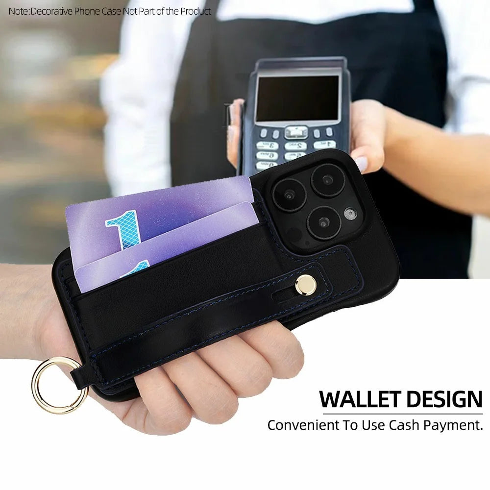 Phone Card Holder Wallet with 18cm Wrist Strap 70-140cm Crossbody Lanyard Adhesive Card Slot Kickstand - Black - 3