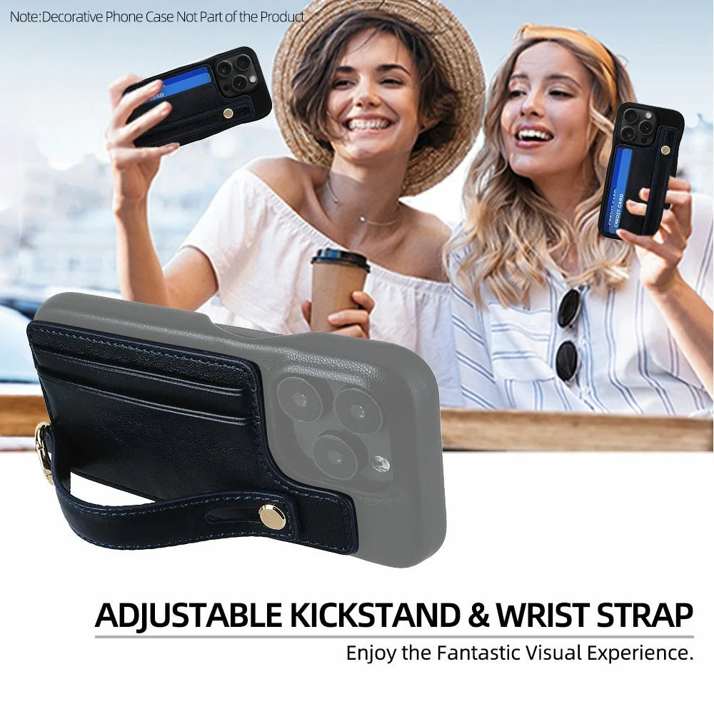 Phone Card Holder Wallet with 18cm Wrist Strap 70-140cm Crossbody Lanyard Adhesive Card Slot Kickstand - Black - 4