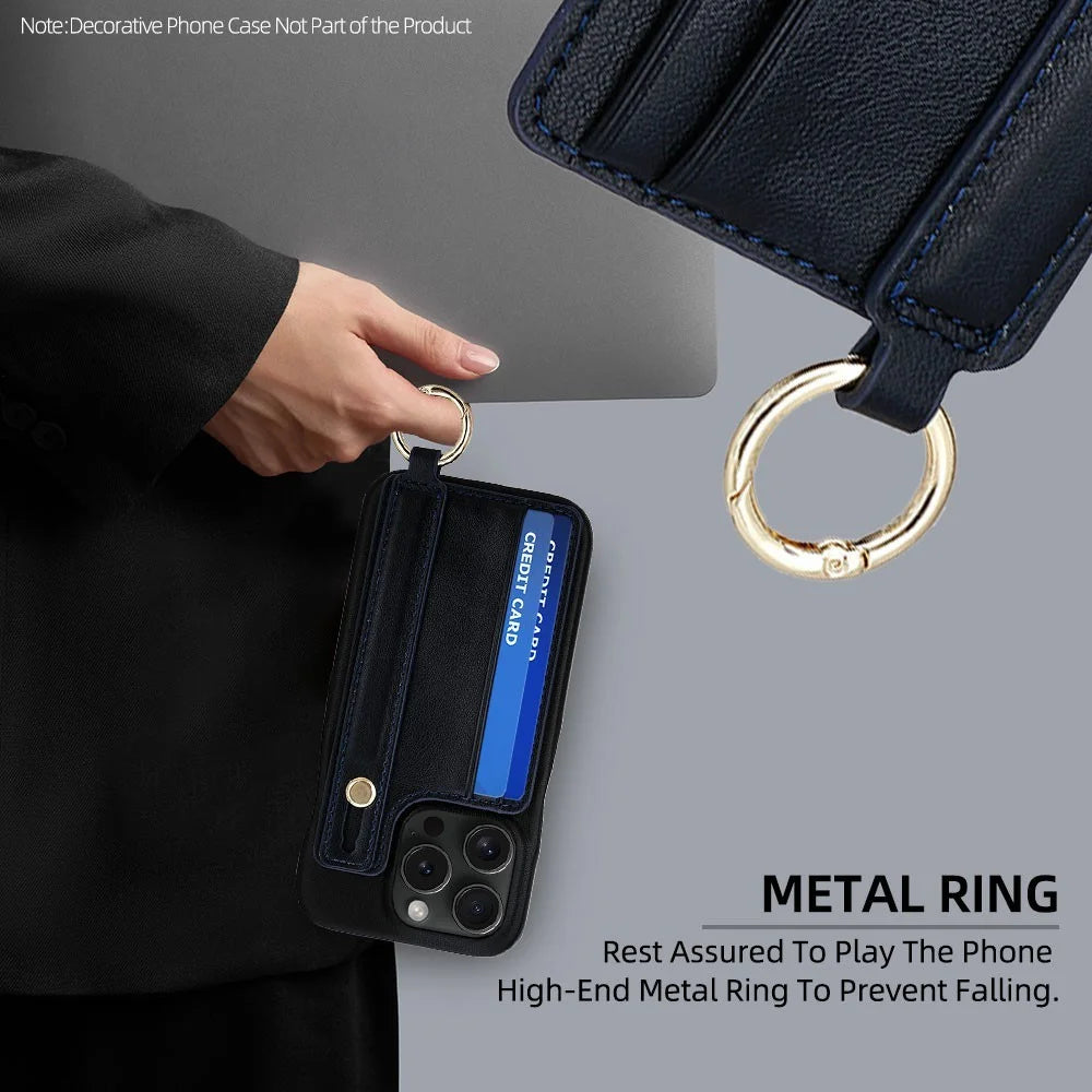 Phone Card Holder Wallet with 18cm Wrist Strap 70-140cm Crossbody Lanyard Adhesive Card Slot Kickstand - Black - 5