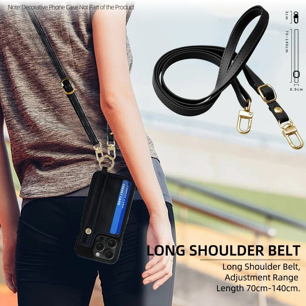 Phone Card Holder Wallet with 18cm Wrist Strap 70-140cm Crossbody Lanyard Adhesive Card Slot Kickstand - Black - 6