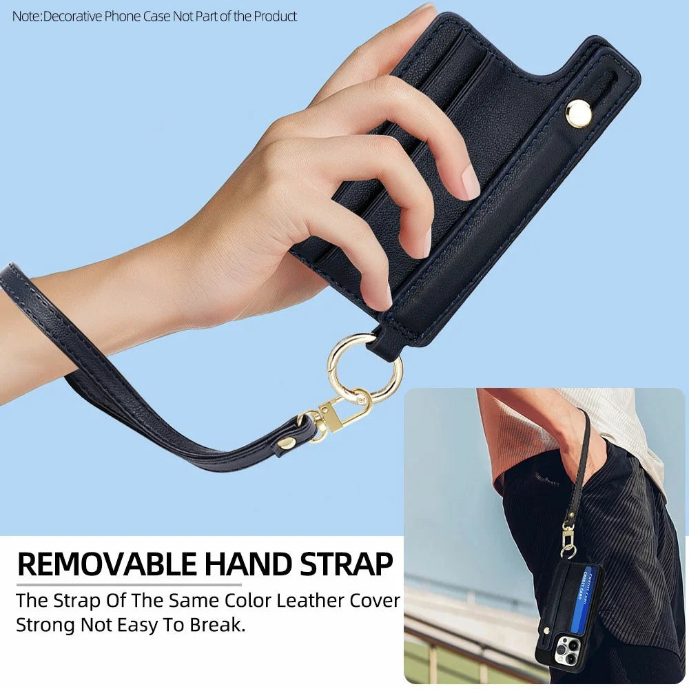Phone Card Holder Wallet with 18cm Wrist Strap 70-140cm Crossbody Lanyard Adhesive Card Slot Kickstand - Black - 7